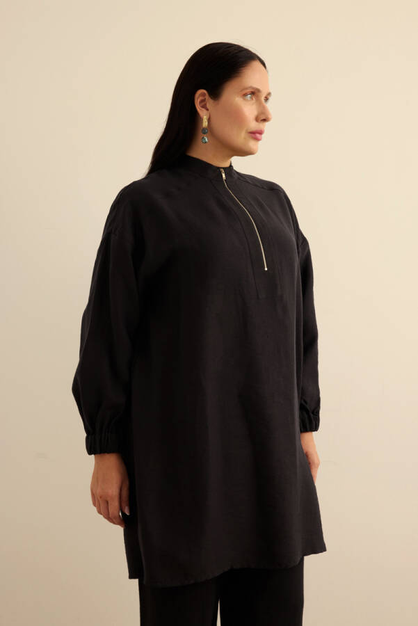 Siyah Yakası Fermuarlı Keten Tencel Tunik - 4