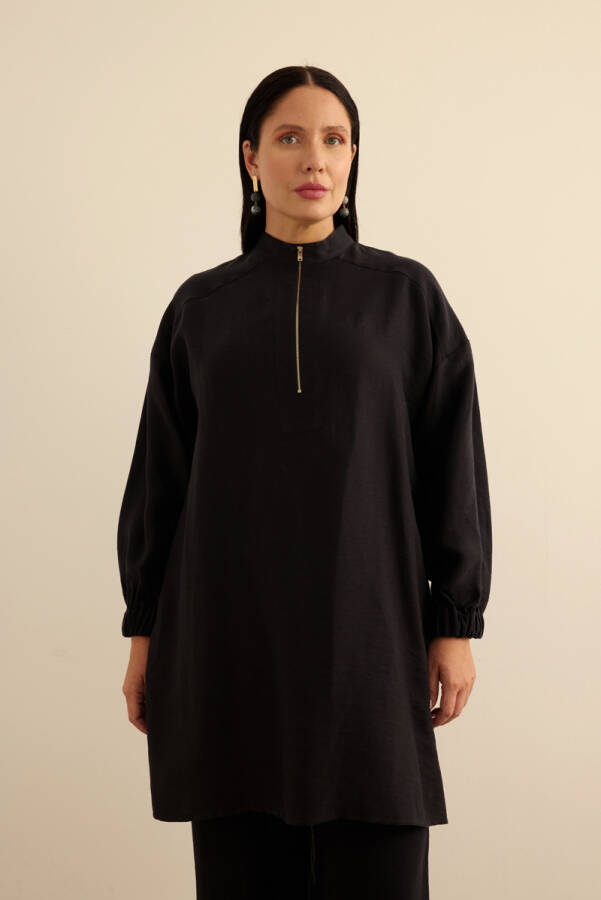 Siyah Yakası Fermuarlı Keten Tencel Tunik - Aker