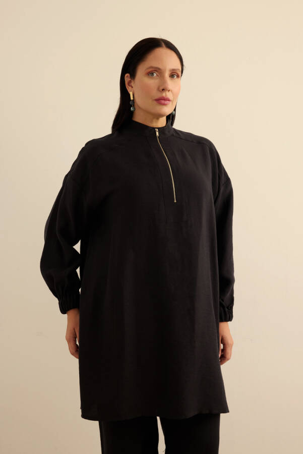 Siyah Yakası Fermuarlı Keten Tencel Tunik - 3
