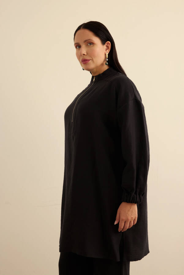 Siyah Yakası Fermuarlı Keten Tencel Tunik - 4