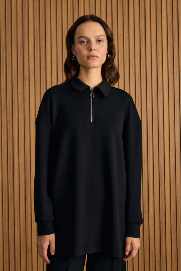 Siyah Yakası Fermuarlı Sweatshirt - 4