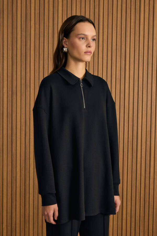Siyah Yakası Fermuarlı Sweatshirt - 5