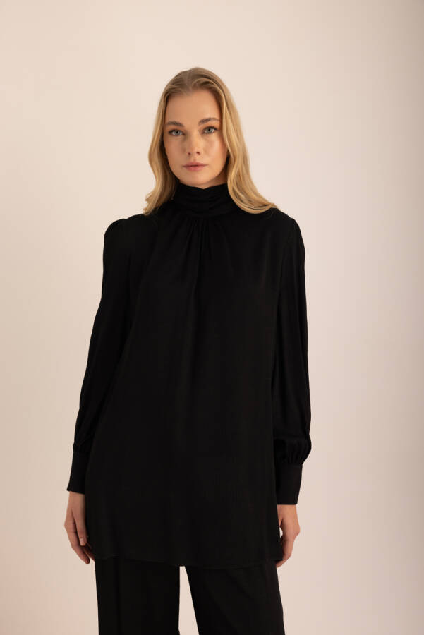 Siyah Yakası Fular Detaylı Dokuma Bluz - Aker