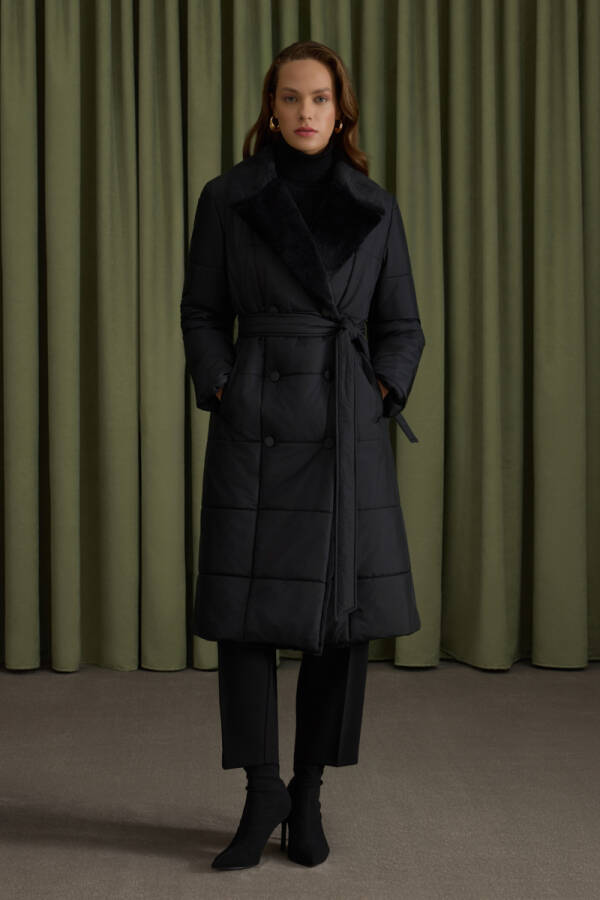 Siyah Yakası Kürklü Kapitone Mont - 2