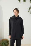 Siyah Yakası ve Yan Yırtmaçları Fermuarlı Modal Sweatshirt - 2