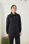 Siyah Yakası ve Yan Yırtmaçları Fermuarlı Modal Sweatshirt - 3