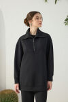 Siyah Yakası ve Yan Yırtmaçları Fermuarlı Modal Sweatshirt - 4