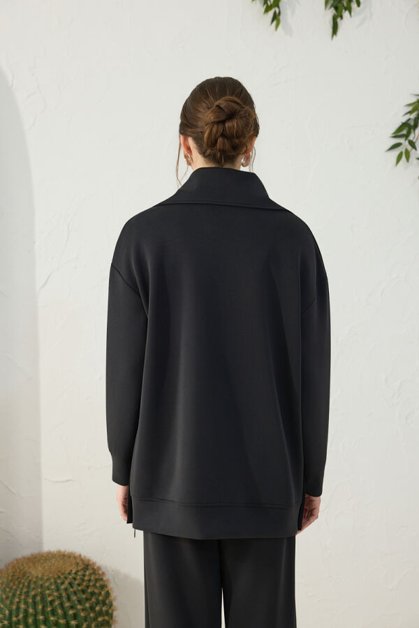 Siyah Yakası ve Yan Yırtmaçları Fermuarlı Modal Sweatshirt - 7