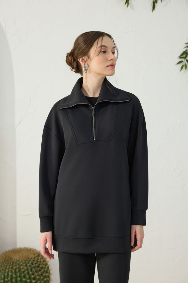 Siyah Yakası ve Yan Yırtmaçları Fermuarlı Modal Sweatshirt - 4