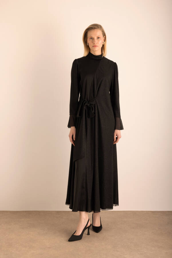 Siyah Yandan Bağlamalı Sim Tül Detaylı Elbise - 6