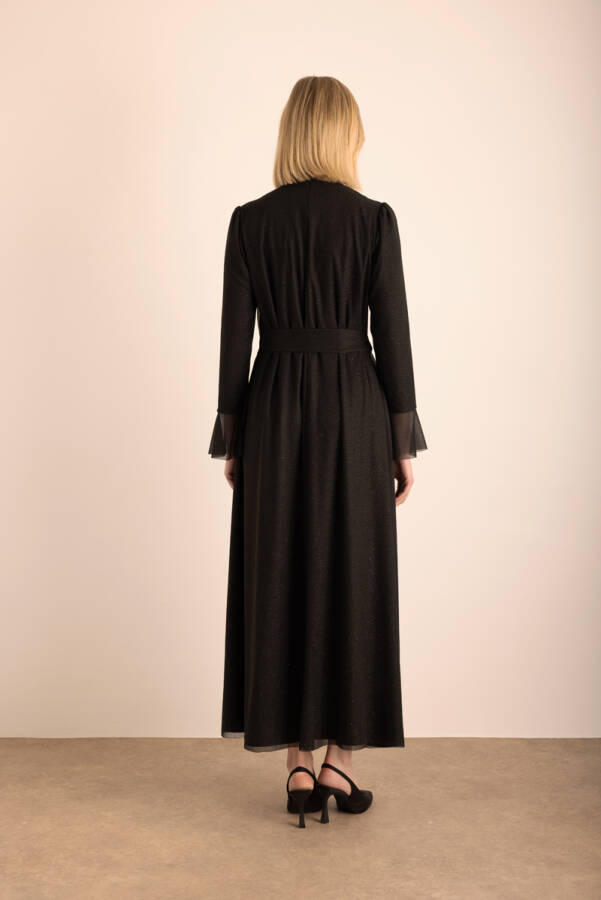 Siyah Yandan Bağlamalı Sim Tül Detaylı Elbise - 7