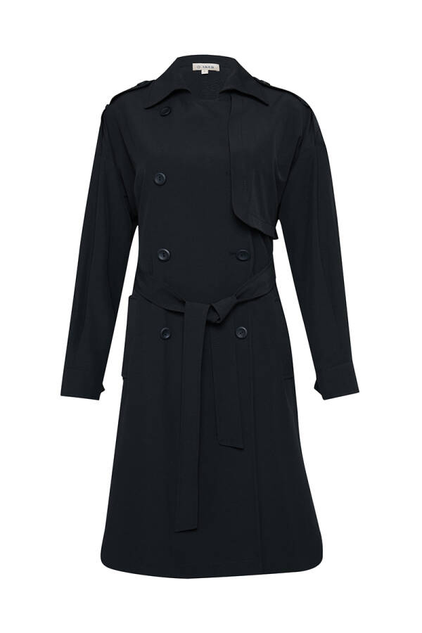 Siyah Yanları Düğme Detaylı Trençkot - 1