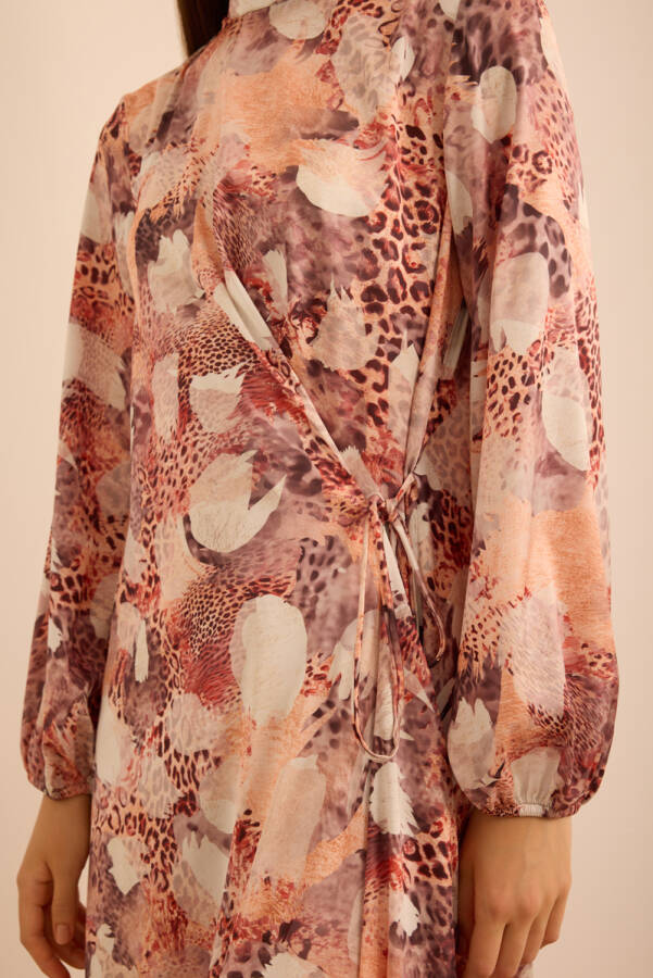 Somon Desenli Beli Bağlama Detaylı Elbise - 6