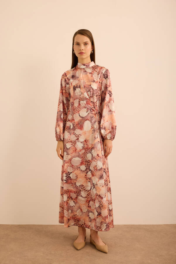 Somon Desenli Beli Bağlama Detaylı Elbise - 4