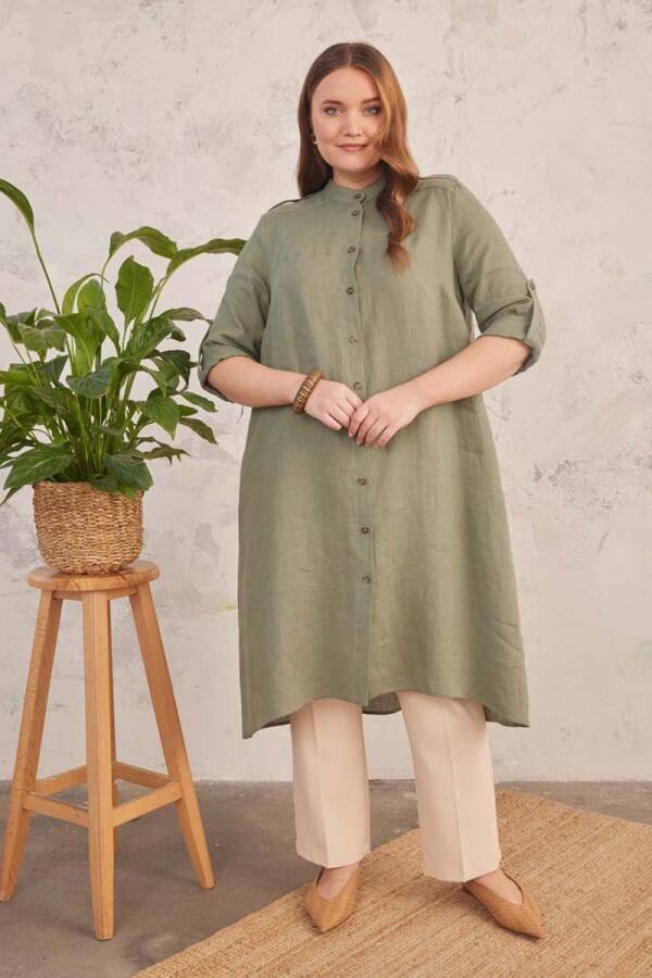 Haki Spor Dikişli Keten Tunik - 2