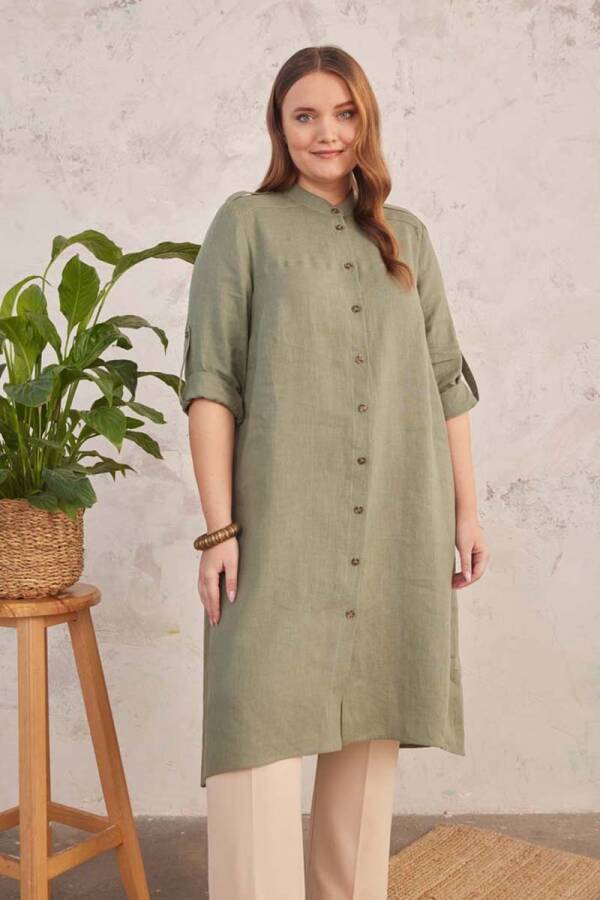 Haki Spor Dikişli Keten Tunik - 3