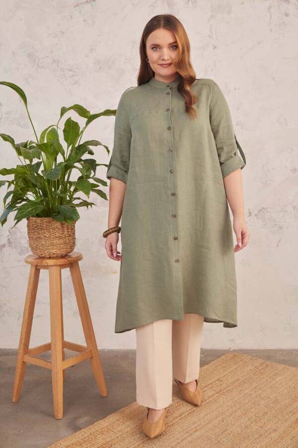 Haki Spor Dikişli Keten Tunik - 4