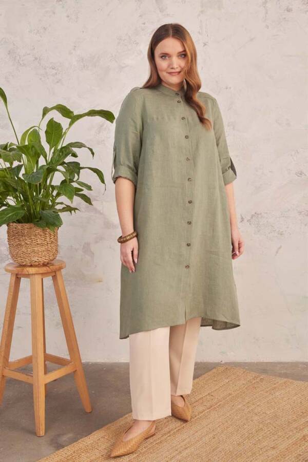 Haki Spor Dikişli Keten Tunik - 5