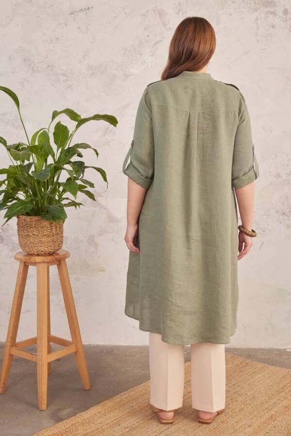 Haki Spor Dikişli Keten Tunik - 6