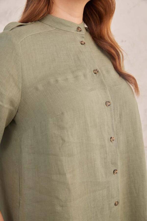 Haki Spor Dikişli Keten Tunik - 7