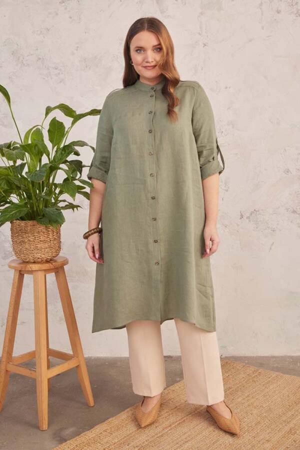 Haki Spor Dikişli Keten Tunik - 1