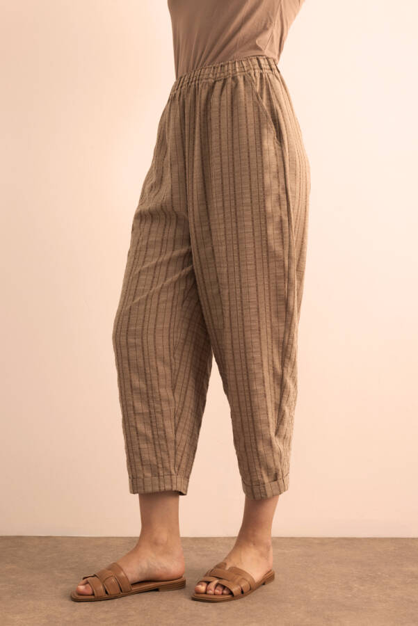 Sütlü Kahve Dokusu Çizgili Cotton İçerikli Pantolon - 5