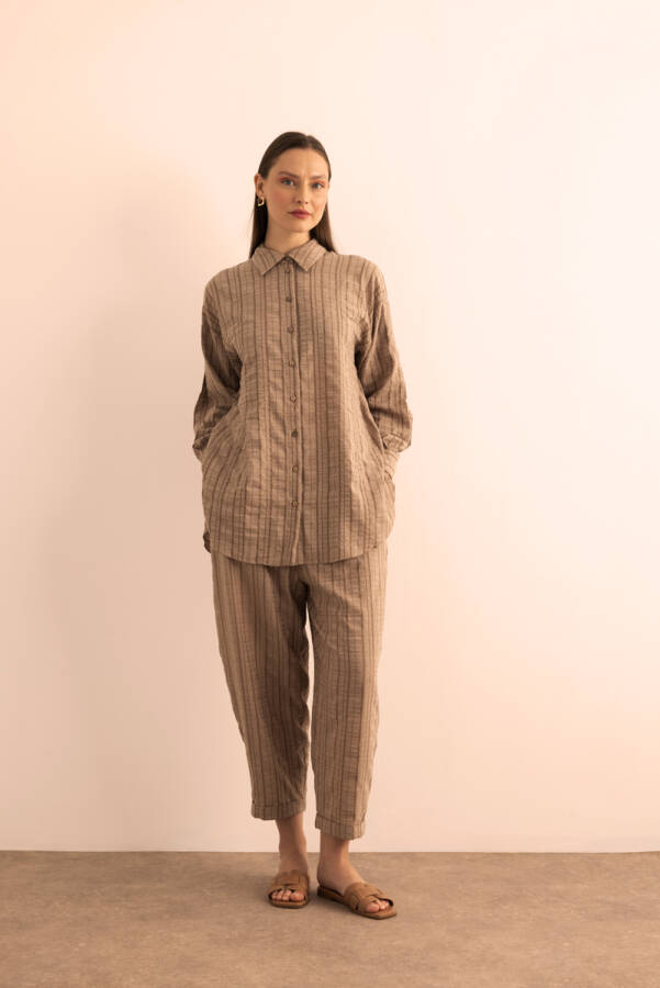 Sütlü Kahve Dokusu Çizgili Cotton İçerikli Pantolon - Aker