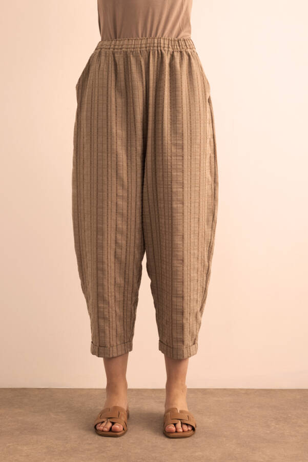 Sütlü Kahve Dokusu Çizgili Cotton İçerikli Pantolon - 3