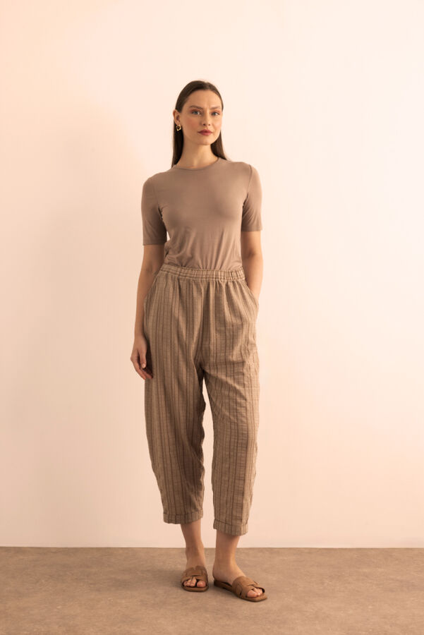 Sütlü Kahve Dokusu Çizgili Cotton İçerikli Pantolon - Aker (1)