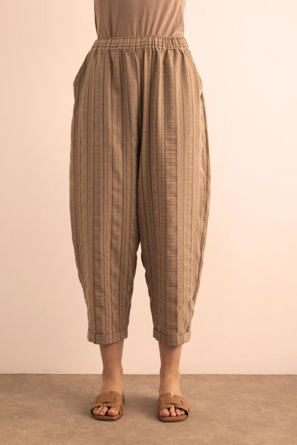 Sütlü Kahve Dokusu Çizgili Cotton İçerikli Pantolon - 3