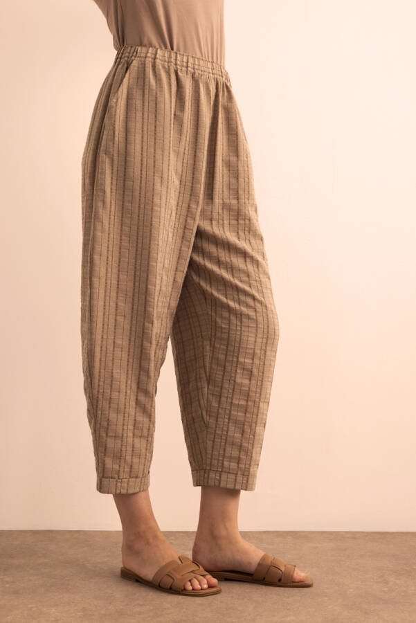 Sütlü Kahve Dokusu Çizgili Cotton İçerikli Pantolon - 4