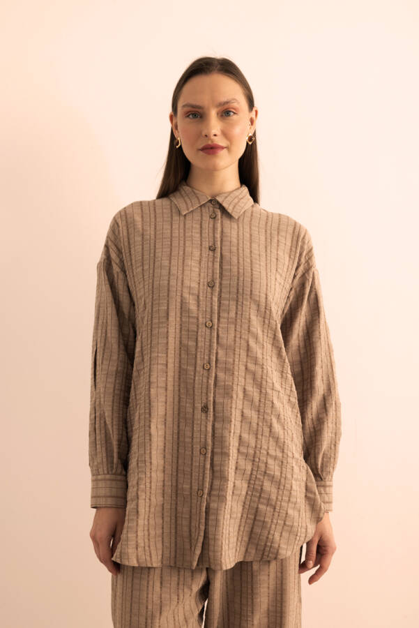Sütlü Kahve Dokusu Çizgili Cotton İçerikli Tunik - Aker
