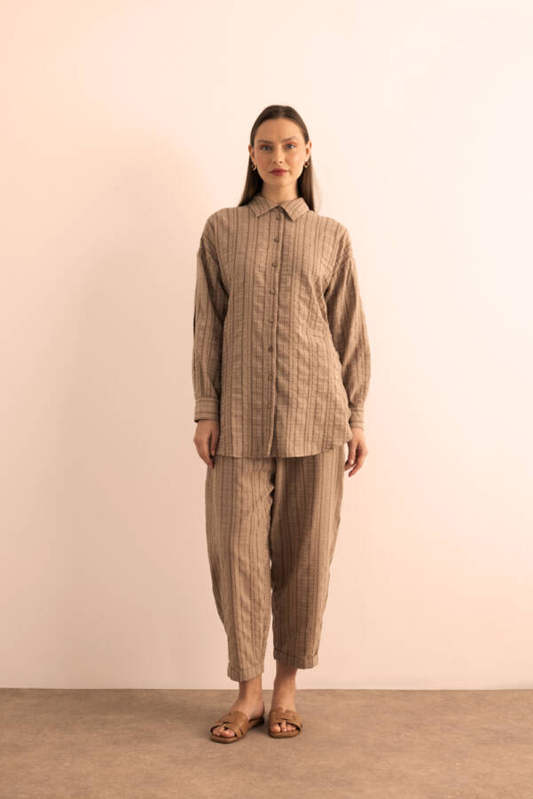 Sütlü Kahve Dokusu Çizgili Cotton İçerikli Tunik - Aker (1)