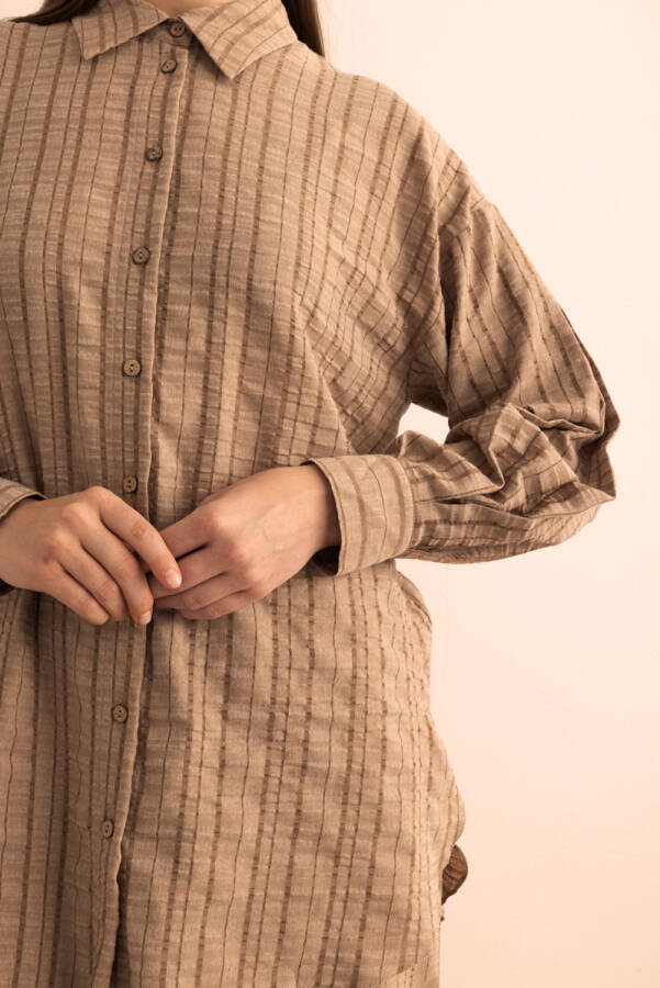 Sütlü Kahve Dokusu Çizgili Cotton İçerikli Tunik - 4