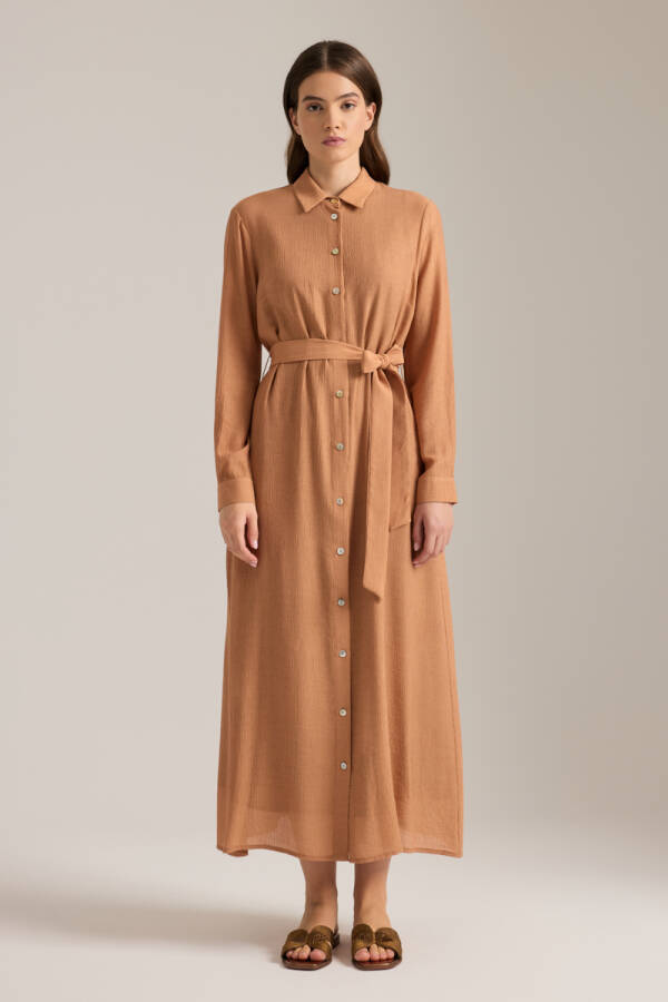 Tarçın Beli Kuşaklı Gömlek Elbise - Aker