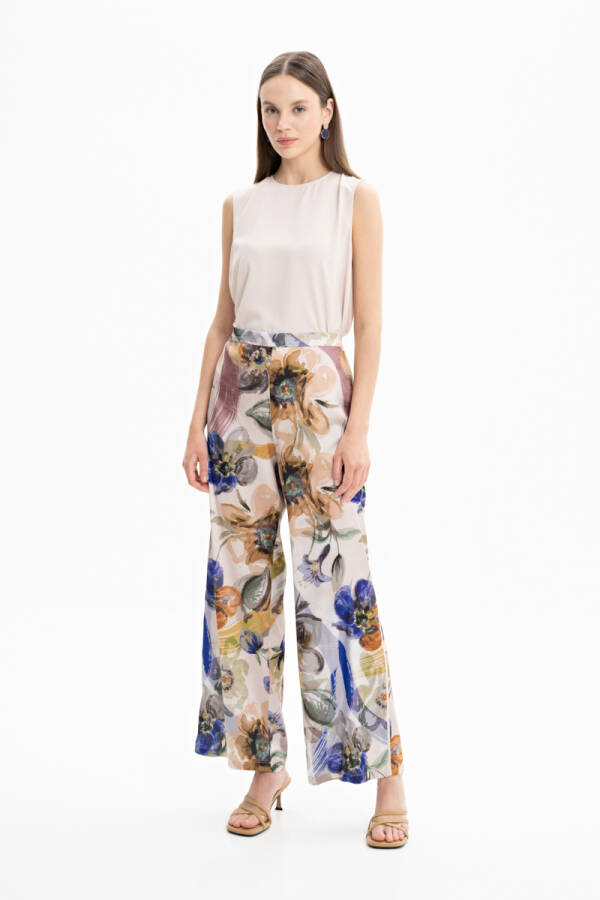 Taş Arka Bel Lastikli Desenli Pantolon - 1