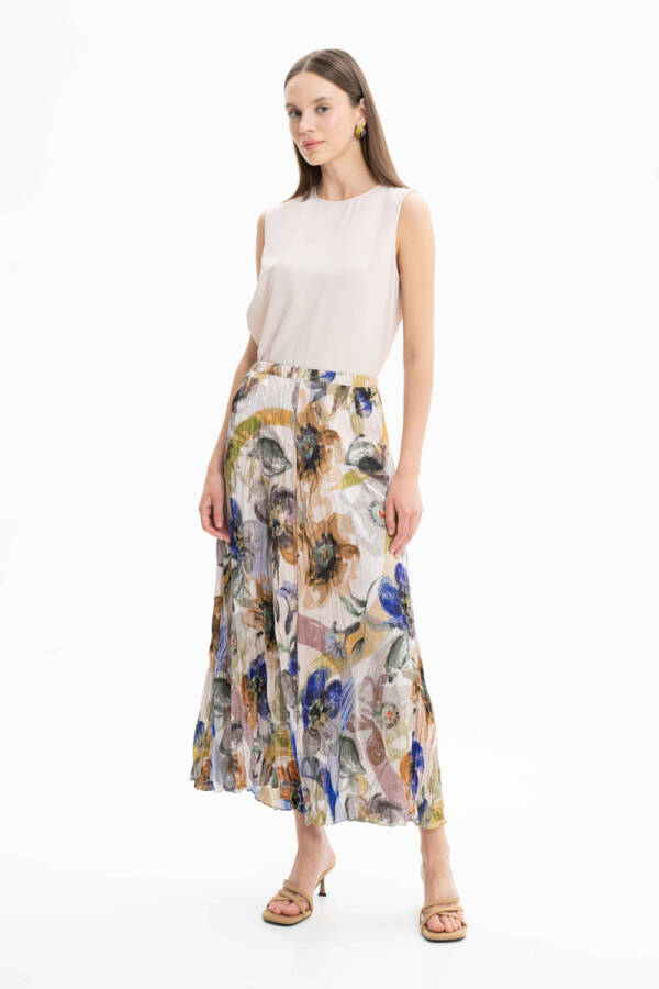 Taş Beli Lastikli Desenli Etek - 1