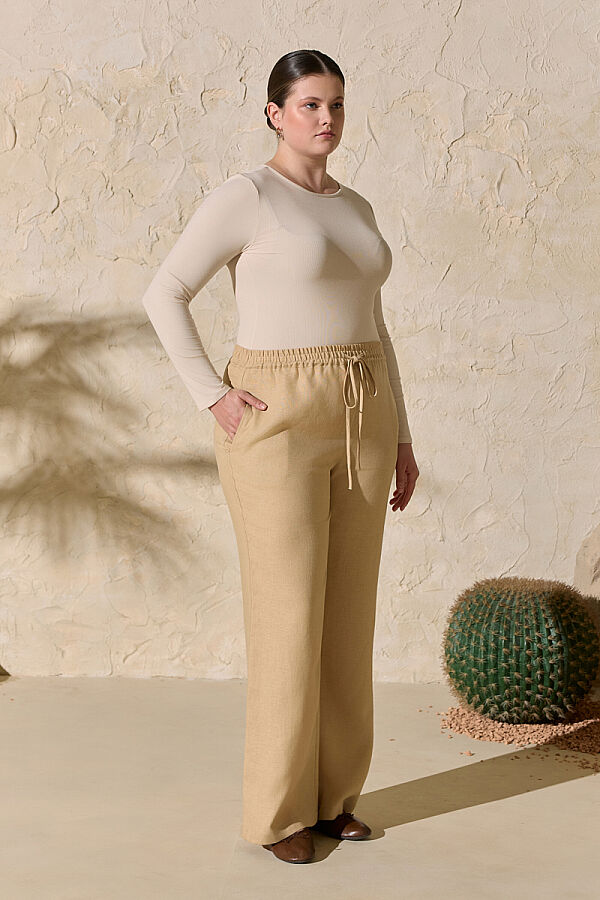 Taş Beli Lastikli Keten Pantolon - 4