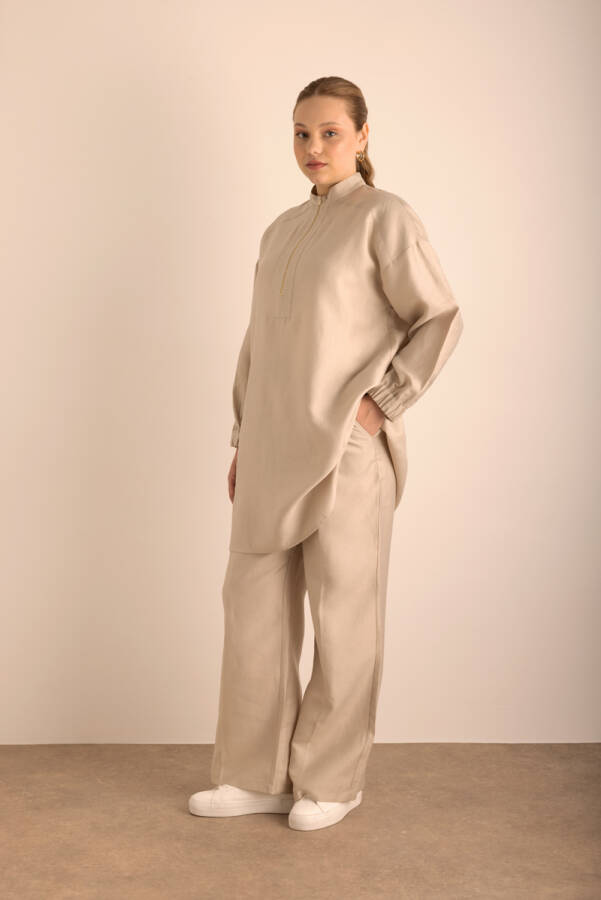 Taş Beli Lastikli Keten Tencel Pantolon - 1