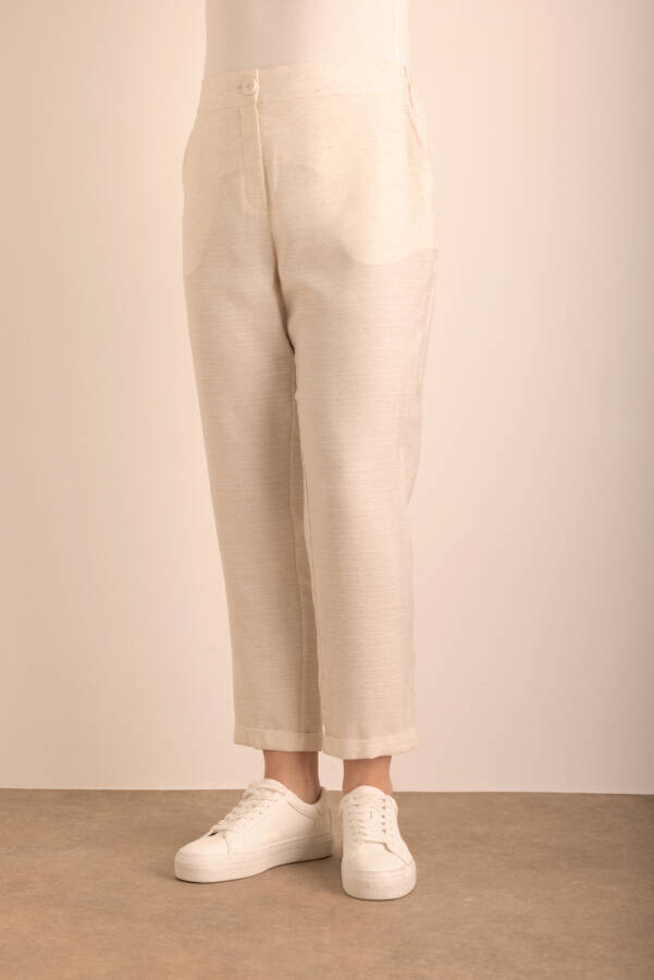 Taş Beli Lastikli Viscon Keten Pantolon - 5