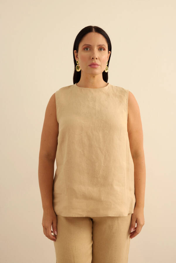 Taş Bisiklet Yaka Kolsuz Keten Bluz - Aker (1)