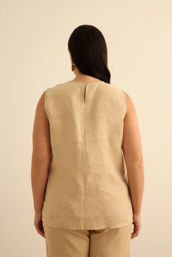 Taş Bisiklet Yaka Kolsuz Keten Bluz - 6