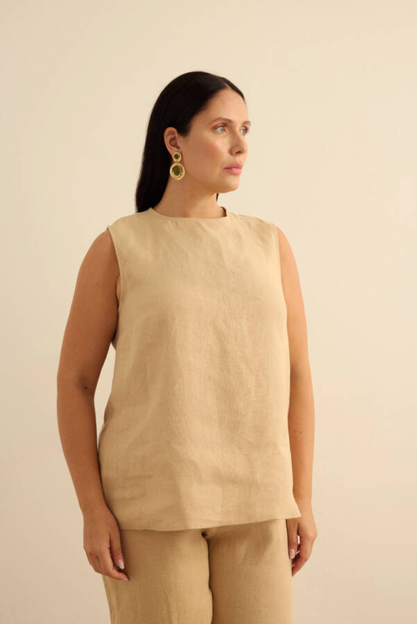 Taş Bisiklet Yaka Kolsuz Keten Bluz - 4