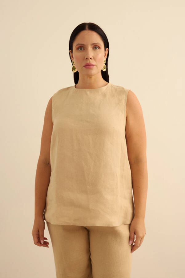 Taş Bisiklet Yaka Kolsuz Keten Bluz - 5