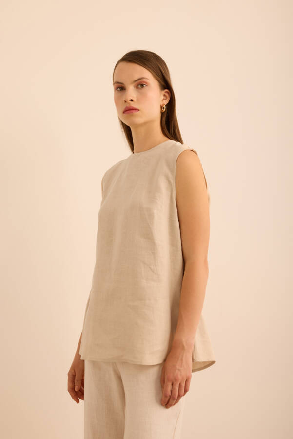 Taş Bisiklet Yaka Kolsuz Keten Bluz - 3