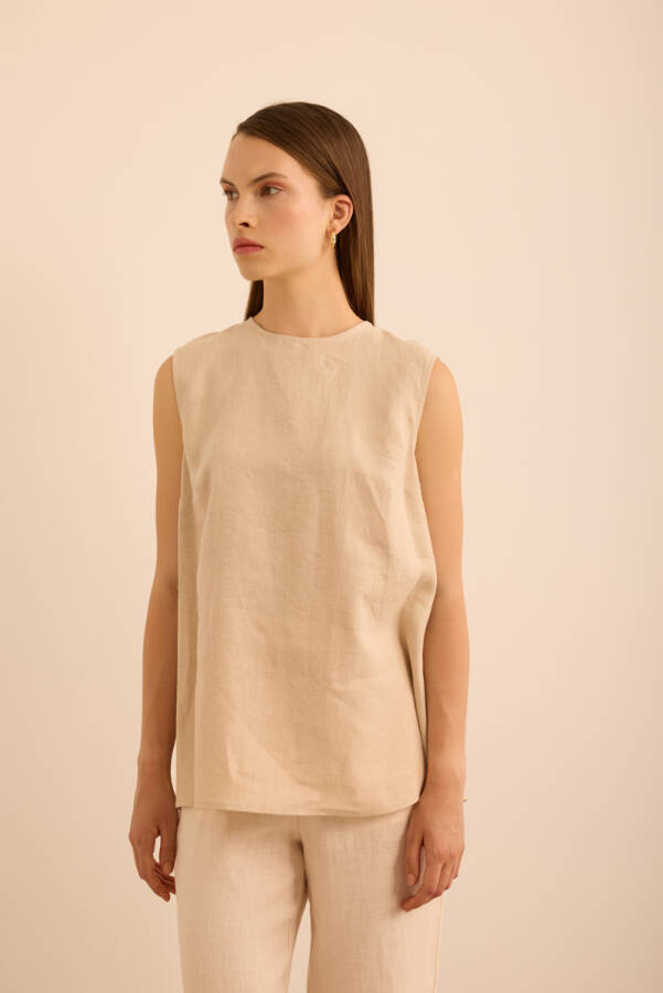 Taş Bisiklet Yaka Kolsuz Keten Bluz - 5