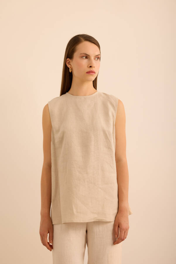 Taş Bisiklet Yaka Kolsuz Keten Bluz - Aker (1)