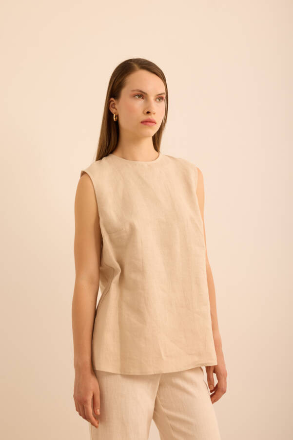 Taş Bisiklet Yaka Kolsuz Keten Bluz - 4