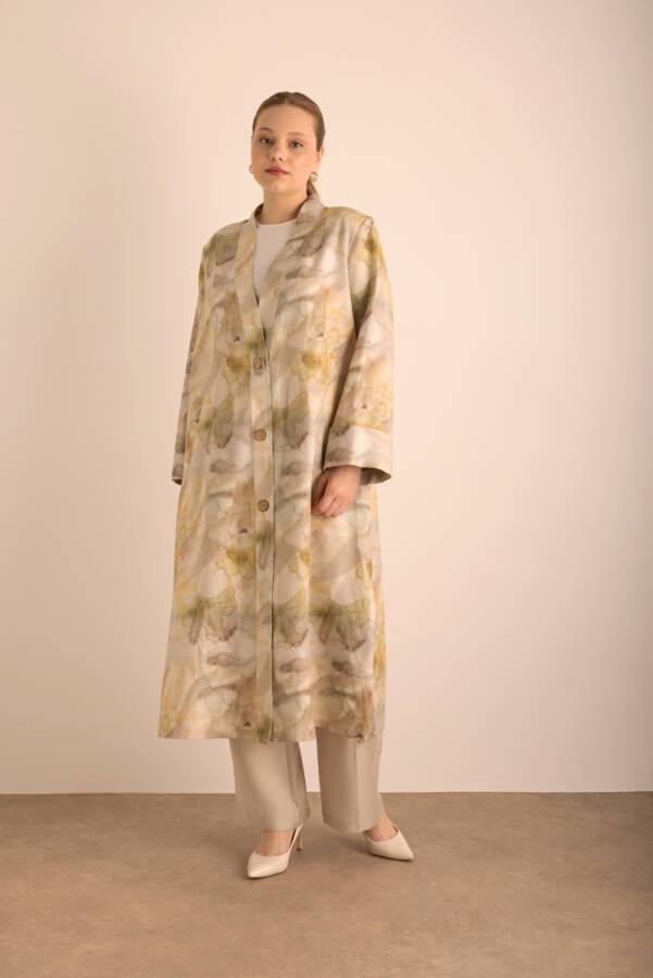 Taş Desenli Keten Pardösü - 3