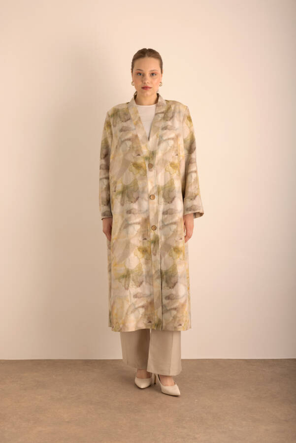 Taş Desenli Keten Pardösü - 5